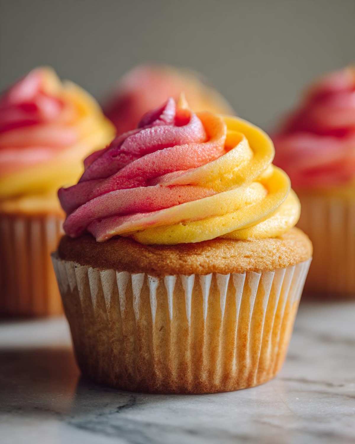 Close-up of a mango strawberry sunset cupcakes, featuring vibrant yellow and pink swirled frosting.