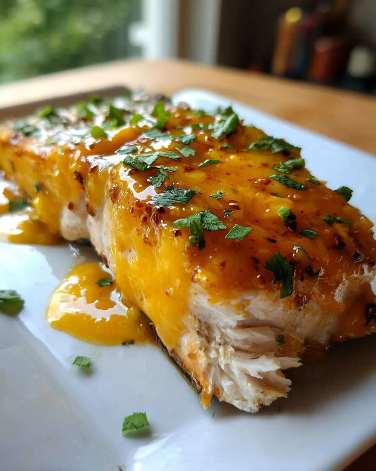 A close-up of a perfectly cooked piece of mango teriyaki salmon, glistening with bright orange glaze and topped with fresh green herbs.