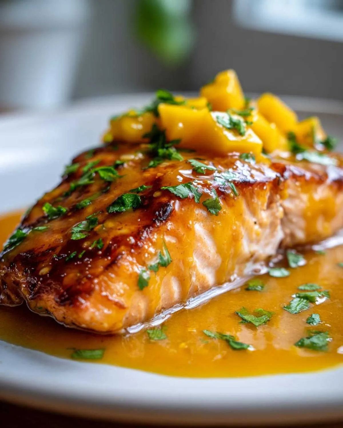 Close-up of a perfectly cooked mango teriyaki salmon fillet covered in a glossy orange glaze and topped with diced mango and parsley.