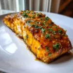 Close-up of a perfectly cooked mango teriyaki salmon fillet generously coated in a glossy orange glaze and topped with fresh parsley.
