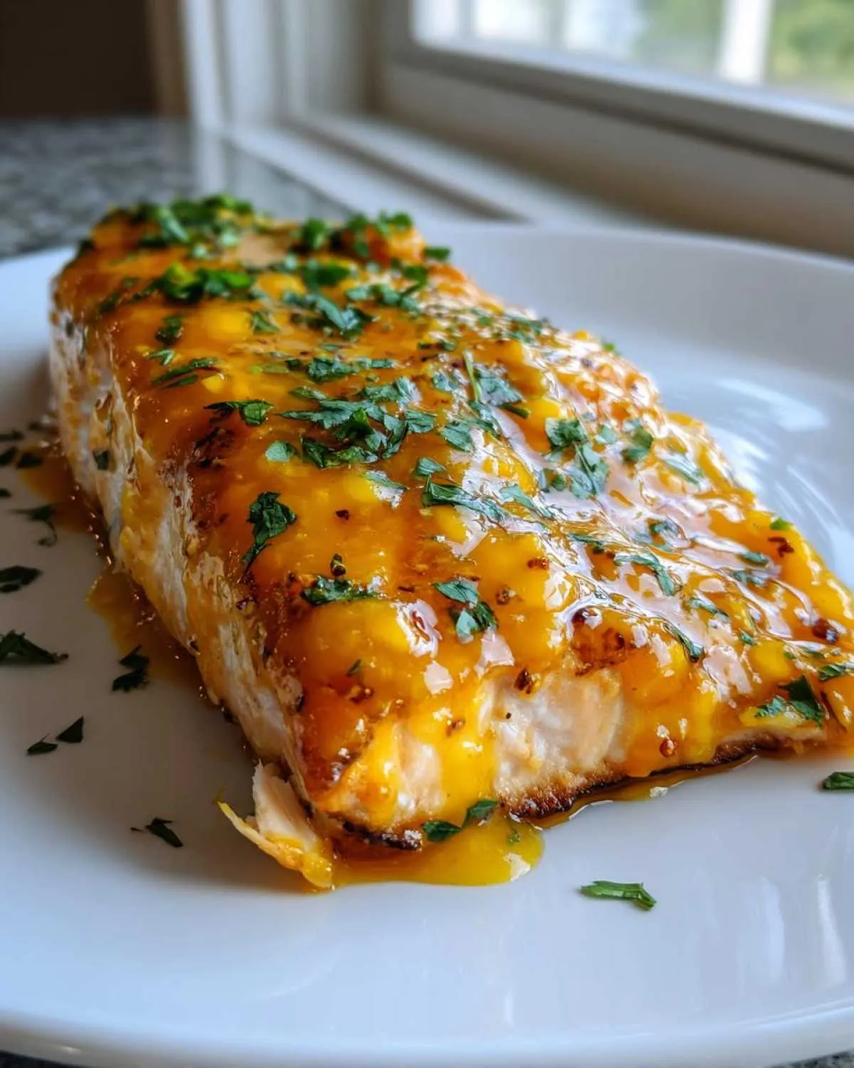 A perfectly cooked fillet of mango teriyaki salmon, generously covered in a bright orange glaze and topped with chopped parsley.
