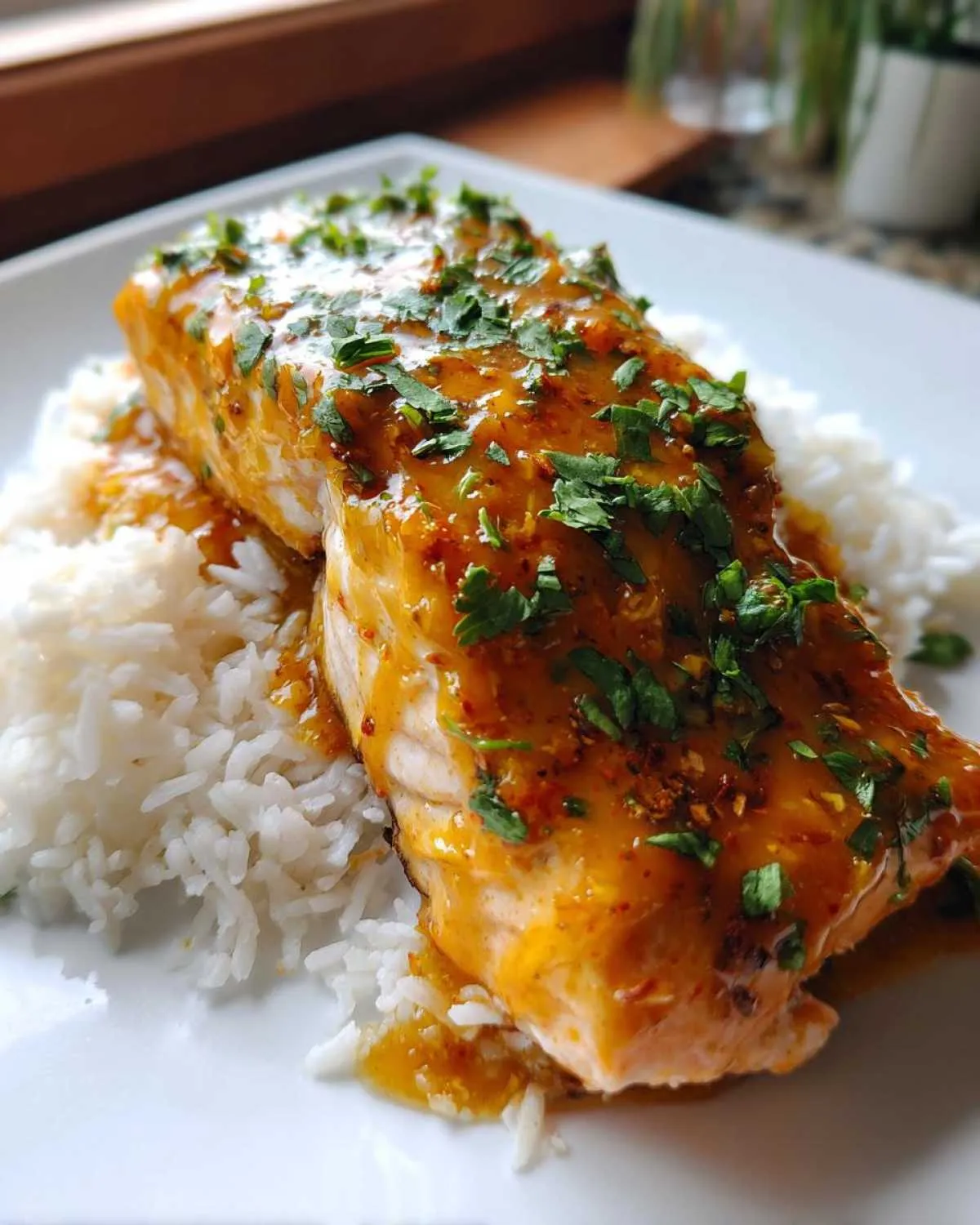 A close-up of a perfectly cooked mango teriyaki salmon fillet generously topped with glaze and fresh parsley, served over white rice.