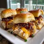 Four delicious maple chicken bacon sliders piled high with shredded chicken, melted cheese, and bacon jam on brioche buns.