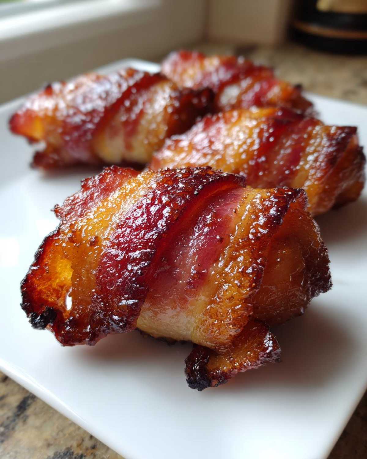 Close-up of glazed maple garlic bacon chicken pieces, wrapped tightly and caramelized, resting on a white plate.