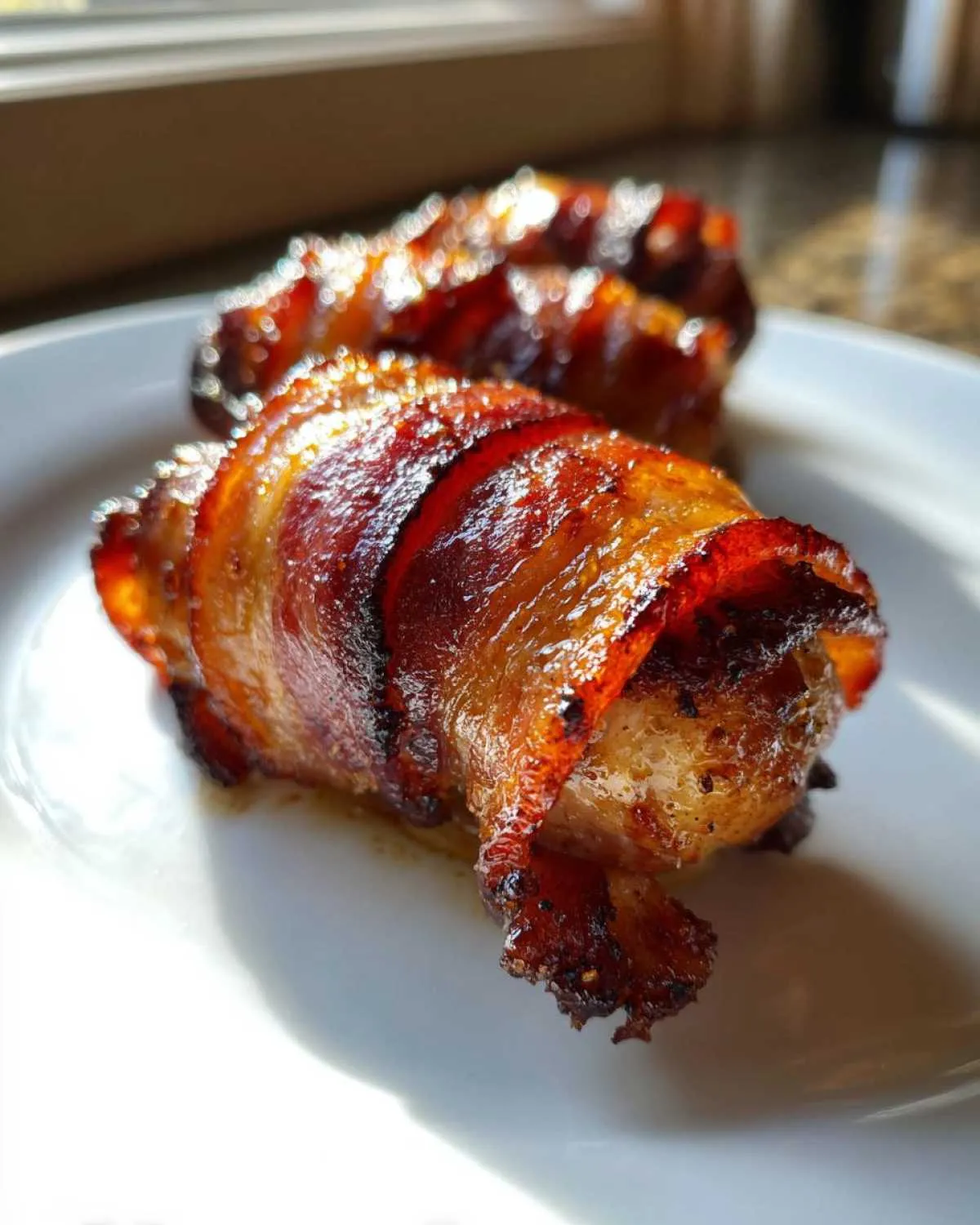 Two pieces of crispy, glazed maple garlic bacon chicken served on a white plate.