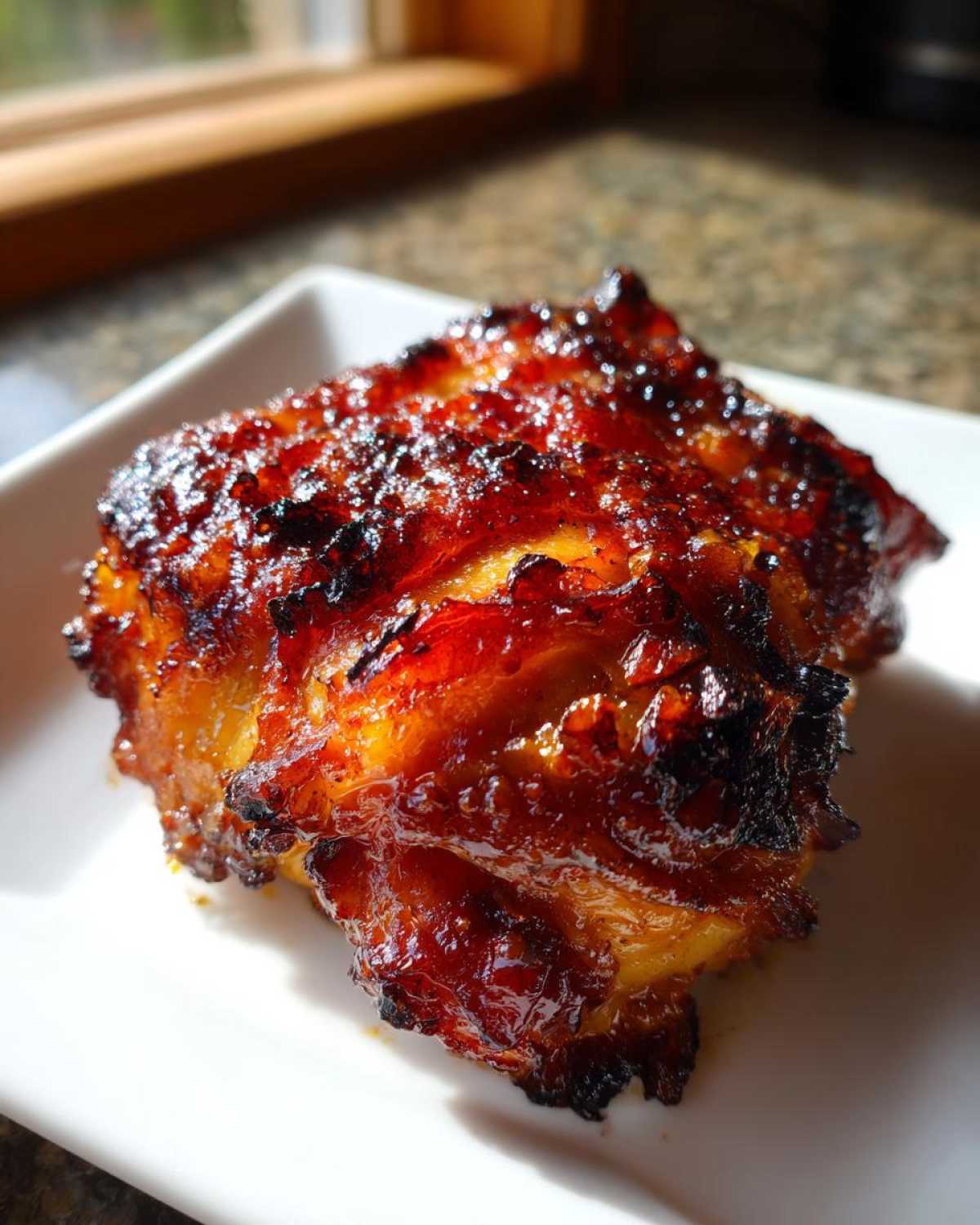 Close-up of a piece of maple garlic bacon chicken with a dark, shiny, caramelized glaze on a white plate.