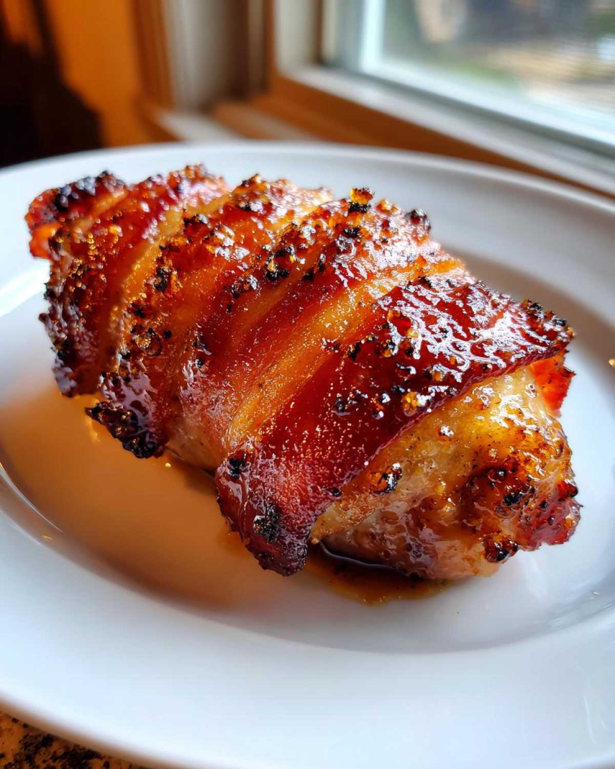 Close-up of a perfectly cooked maple garlic bacon chicken breast, glistening with glaze.