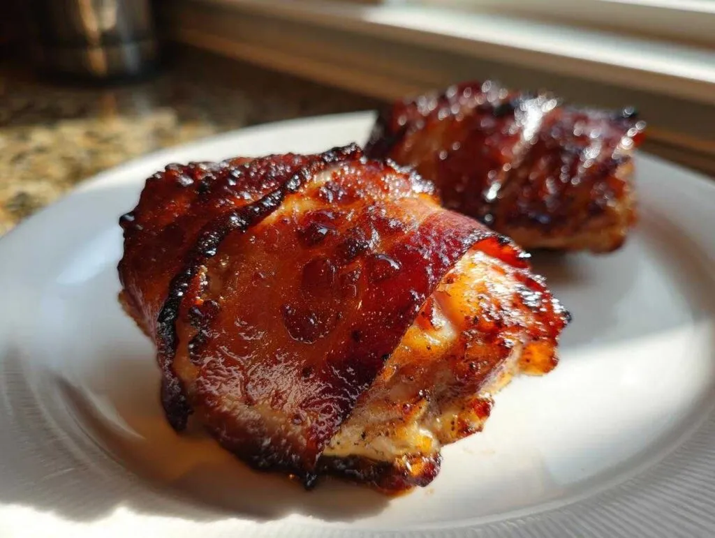 Close-up of two pieces of sticky, glazed maple garlic bacon chicken on a white plate.