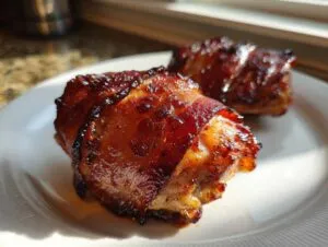 Close-up of two pieces of sticky, glazed maple garlic bacon chicken on a white plate.