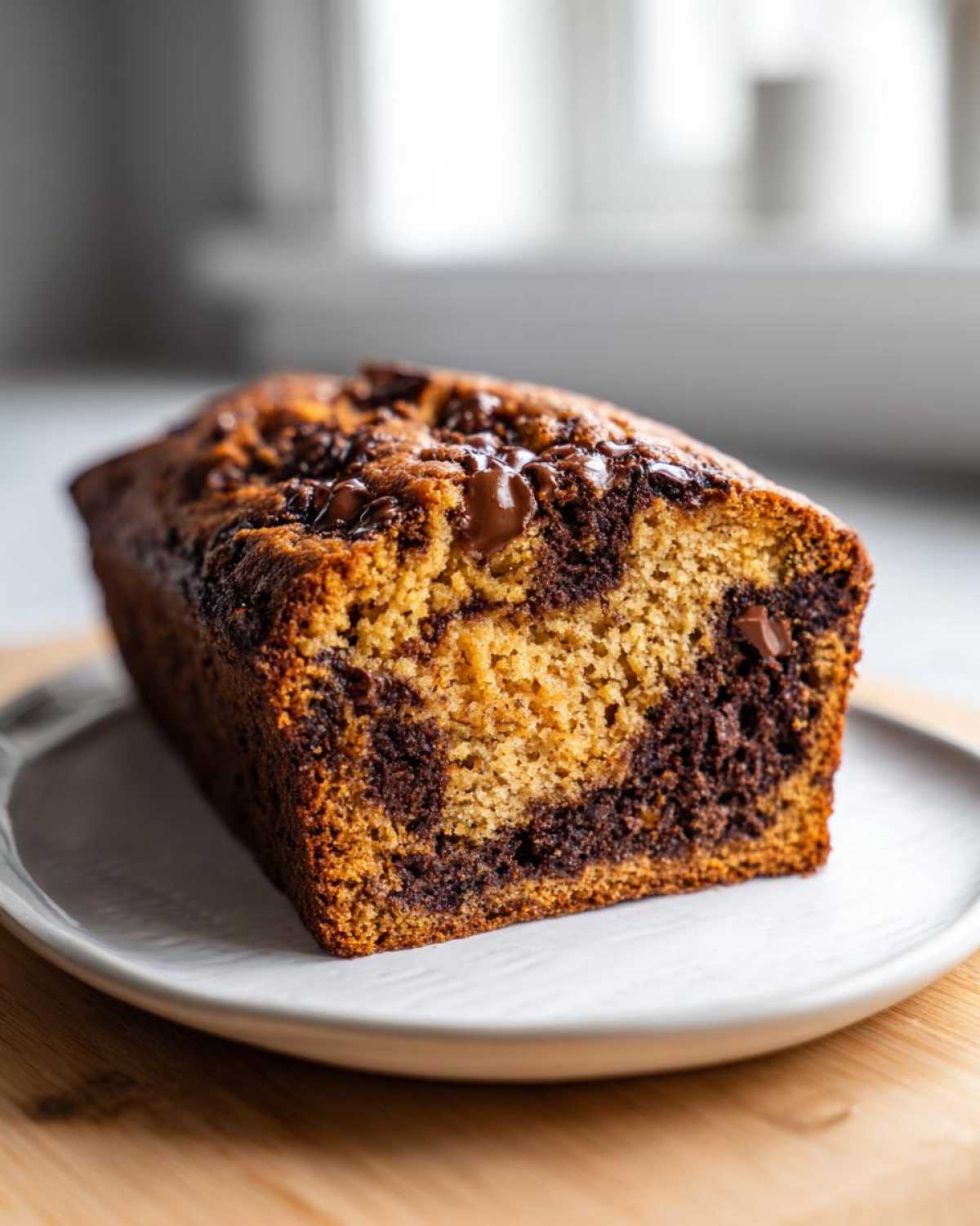 A marbled loaf of peanut butter banana bread swirled with chocolate batter, topped with melted chocolate chips.