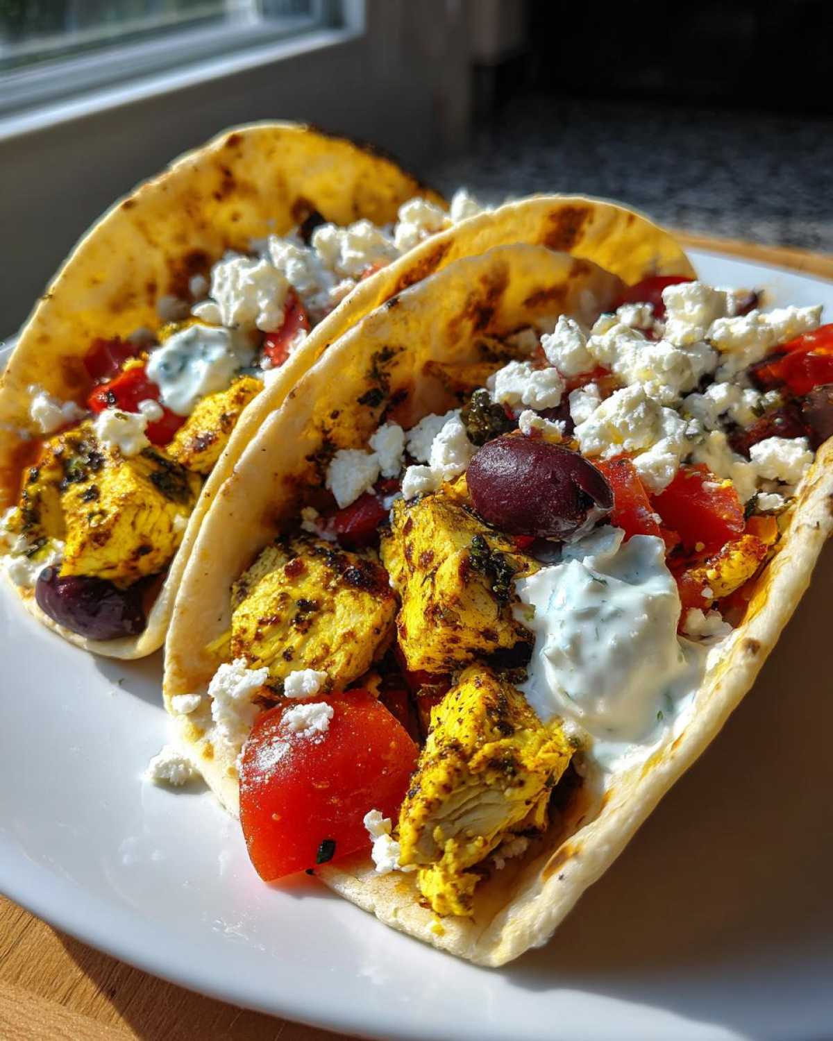 Two delicious mediterranean chicken tacos filled with yellow spiced chicken, tomatoes, feta, and tzatziki sauce.