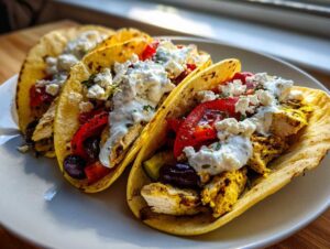 Three delicious Mediterranean chicken tacos filled with seasoned chicken, red peppers, olives, feta cheese, and tzatziki sauce.
