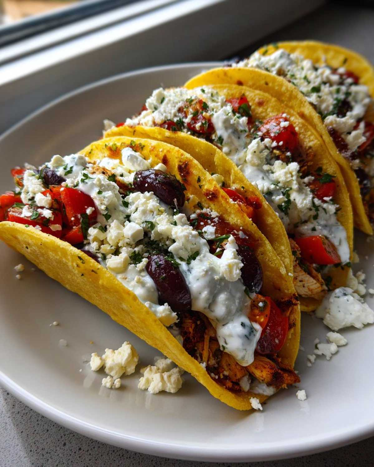 Three fully loaded mediterranean chicken tacos featuring chicken, red peppers, olives, tzatziki sauce, and feta cheese.