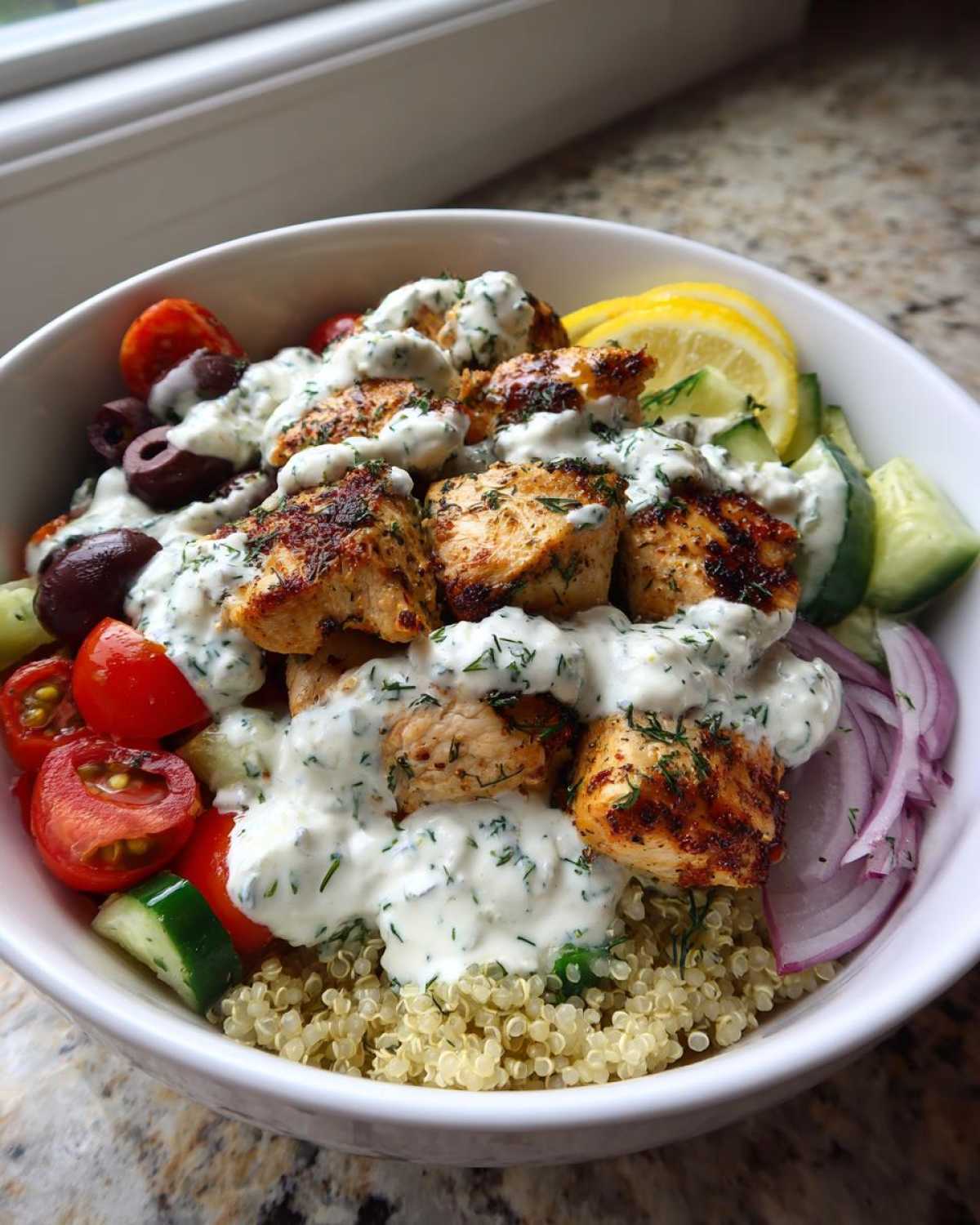 Close-up of a white bowl filled with mediterranean lemon-dill chicken bowls, featuring quinoa, seasoned chicken, tzatziki sauce, tomatoes, and olives.