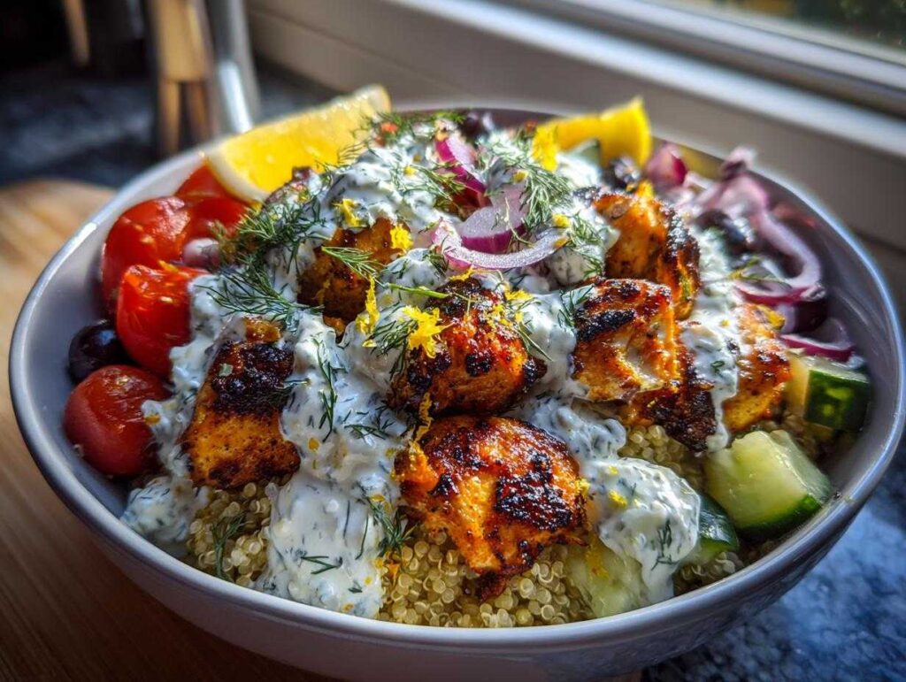 Close-up of a vibrant mediterranean lemon-dill chicken bowls featuring grilled chicken, tzatziki sauce, quinoa, tomatoes, and fresh dill.