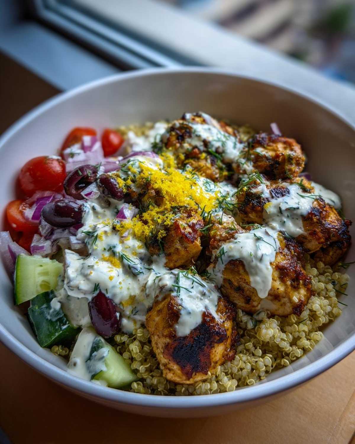 Close-up of a mediterranean lemon-dill chicken bowls featuring grilled chicken, quinoa, tzatziki sauce, and fresh vegetables.