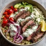 Close-up of a vibrant mediterranean steak bowl featuring sliced steak, quinoa, tzatziki sauce, tomatoes, and cucumbers.