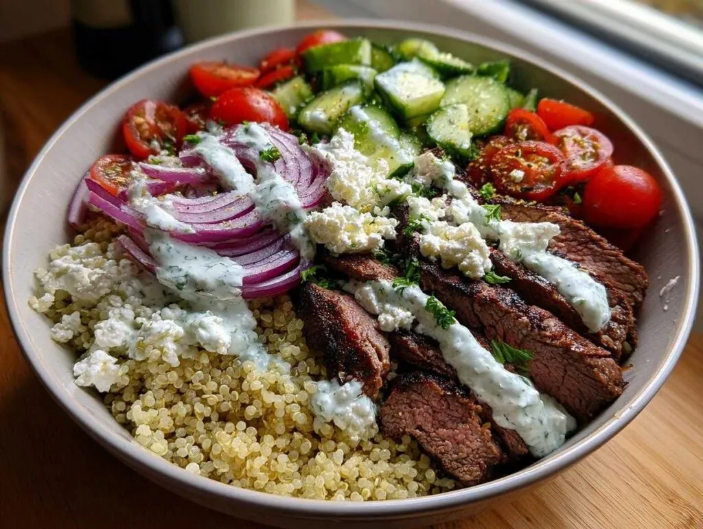A vibrant mediterranean steak bowl featuring sliced steak, quinoa, cucumbers, tomatoes, red onion, feta, and tzatziki sauce.