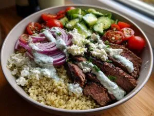 A vibrant mediterranean steak bowl featuring sliced steak, quinoa, cucumbers, tomatoes, red onion, feta, and tzatziki sauce.