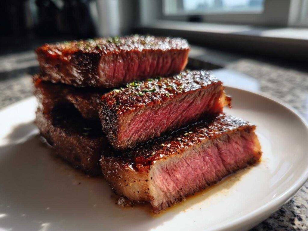 Four thick-cut pieces of perfectly seared steak stacked on a white plate, showing a beautiful medium-rare interior for melt-in-your-mouth steak.