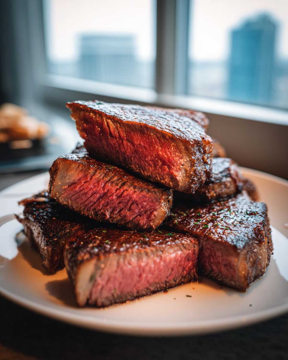 Stack of thick-cut steak slices showing a perfect medium-rare center, achieving melt-in-your-mouth steak texture.