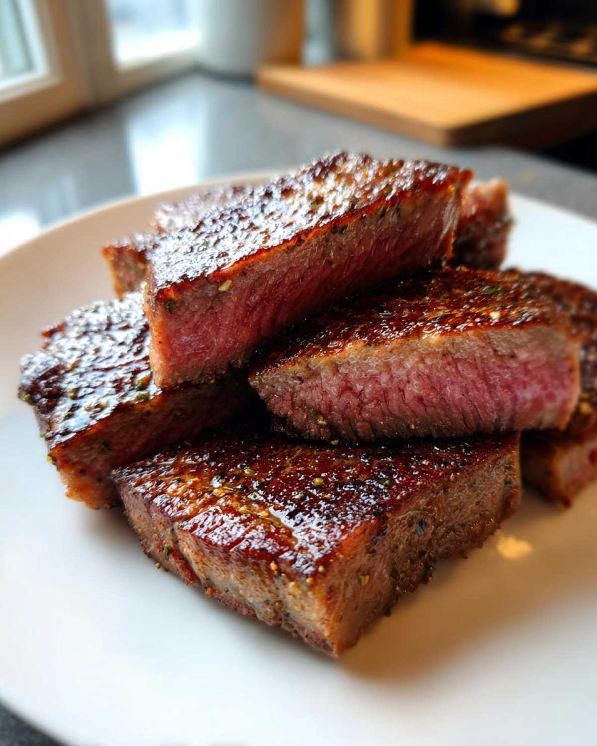 Close-up of thick-cut steak slices showing a perfect medium-rare center for melt-in-your-mouth steak.