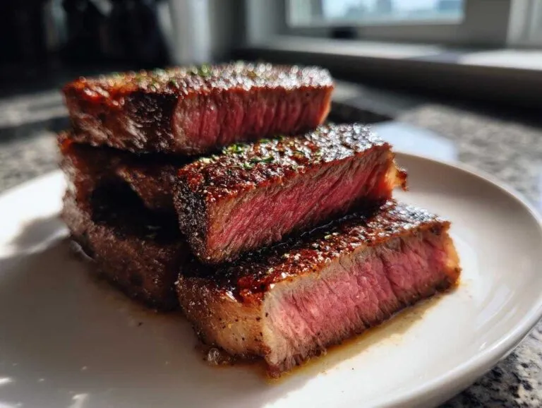 Four thick-cut pieces of perfectly seared steak stacked on a white plate, showing a beautiful medium-rare interior for melt-in-your-mouth steak.