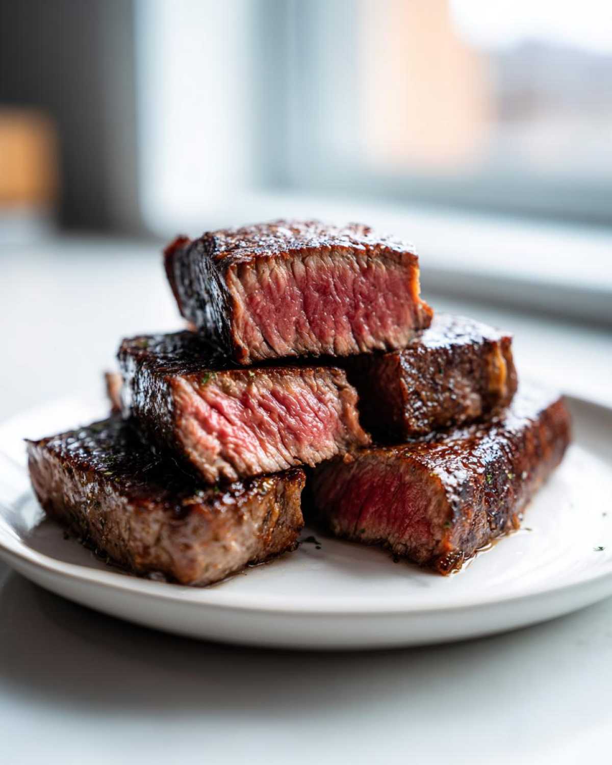 Close-up of thick-cut steak slices showing a perfect medium-rare interior, achieving melt-in-your-mouth texture.