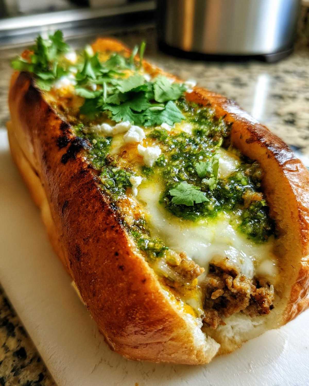 Close-up of a toasted roll filled with savory meat, melted white cheese, green sauce, and fresh cilantro, ready to eat as a mexican chopped cheese sandwich.
