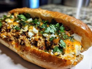 Close-up of a delicious mexican chopped cheese sandwich loaded with meat, cheese, green sauce, and cilantro on a toasted roll.