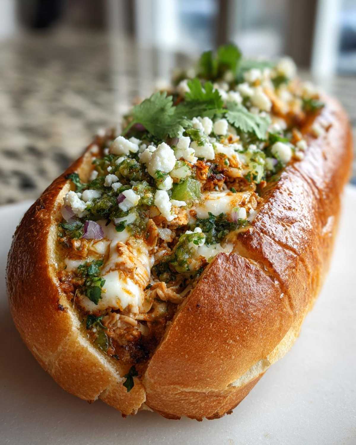 Close-up of a loaded mexican chopped cheese sandwich served in a toasted hoagie roll, topped with cotija cheese and cilantro.