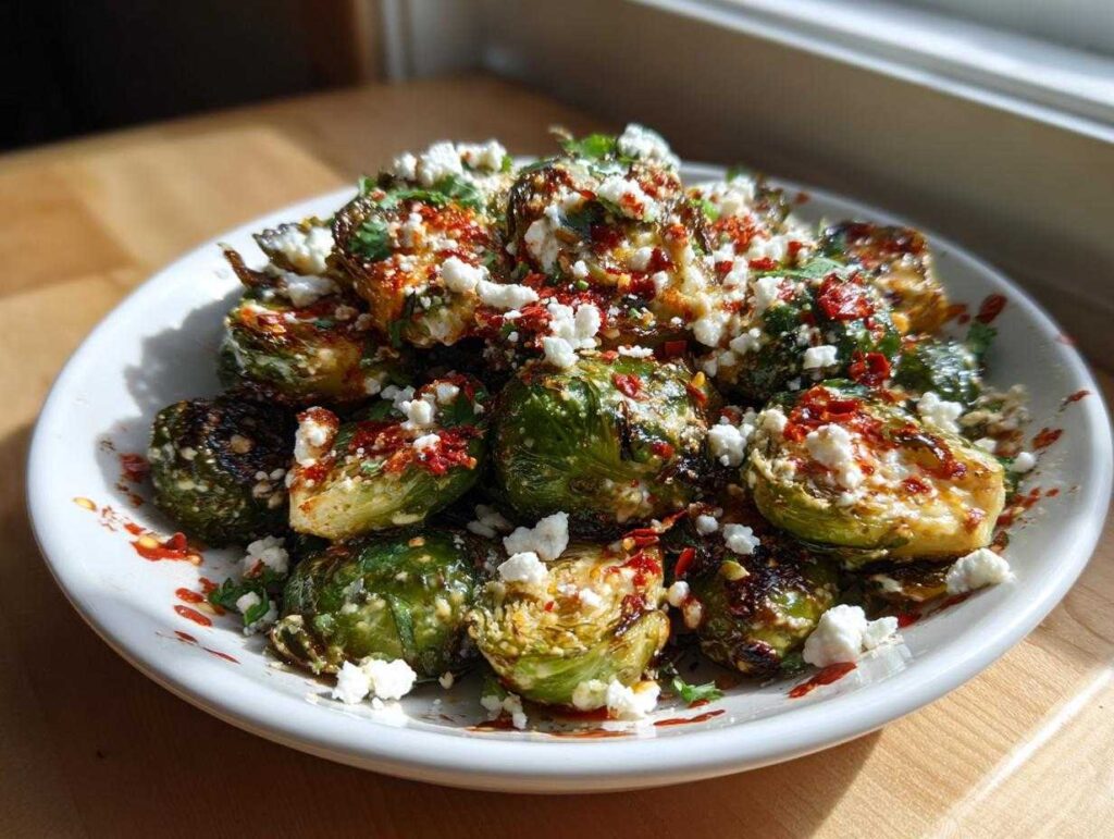 A plate of roasted Mexican street corn Brussels sprouts topped with cotija cheese and chili seasoning.