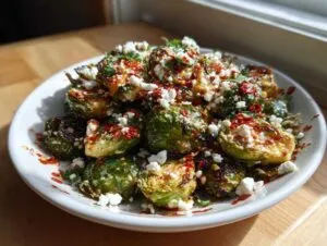 A plate of roasted Mexican street corn Brussels sprouts topped with cotija cheese and chili seasoning.