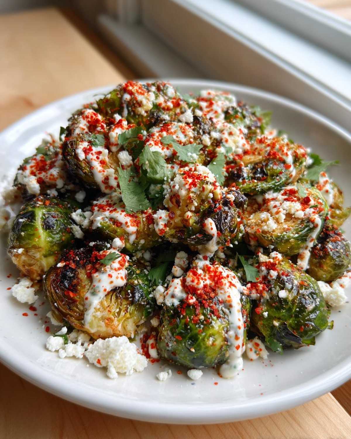 Close-up of roasted mexican street corn brussels sprouts topped with crema, cotija cheese, and chili powder.