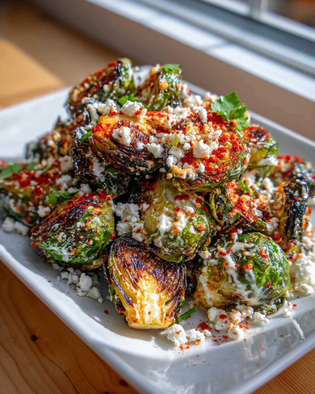 Close-up of roasted Mexican street corn Brussels sprouts topped with cotija cheese, crema, and chili powder.