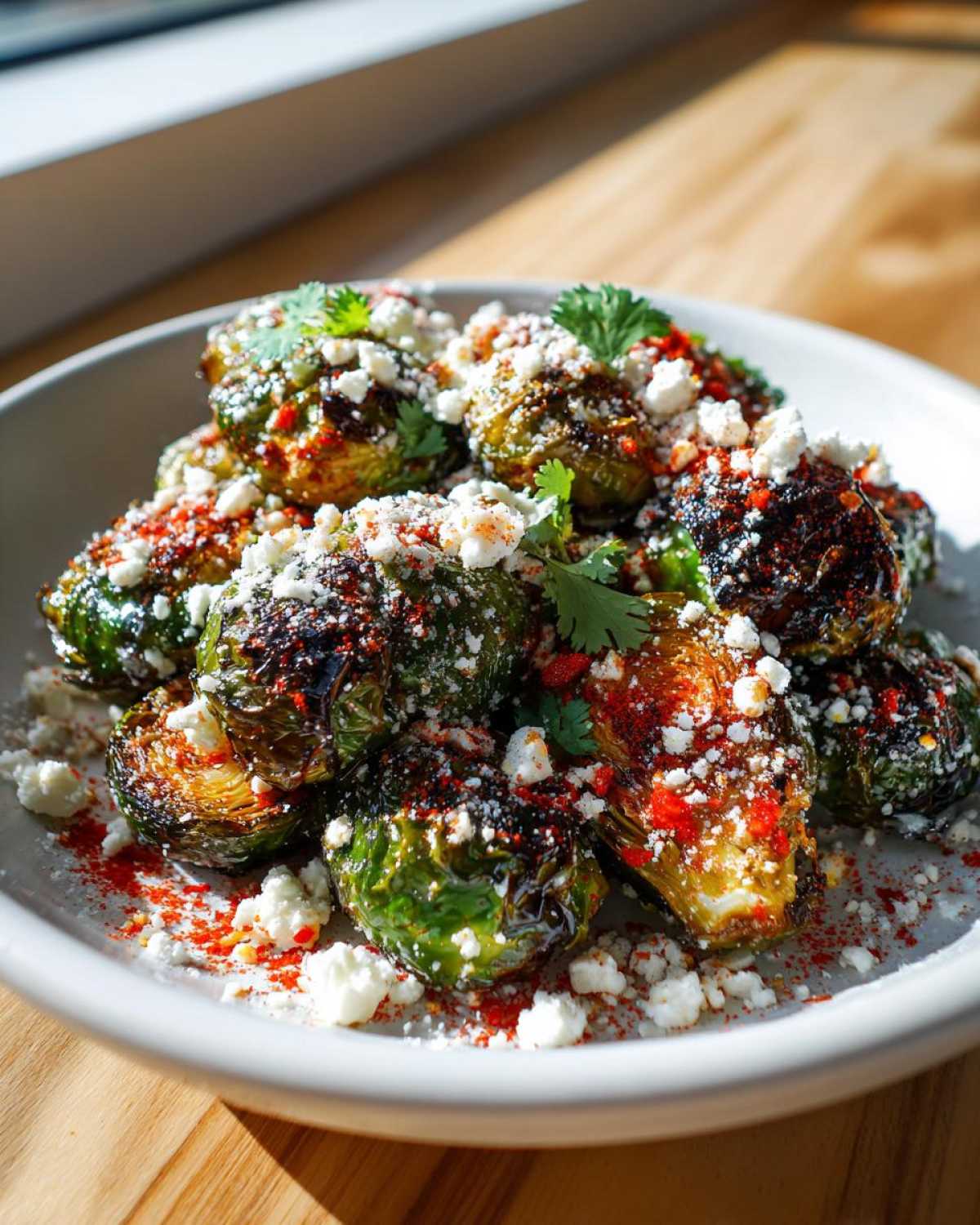 Close-up of roasted Mexican street corn Brussels sprouts topped with cotija cheese, chili powder, and cilantro.