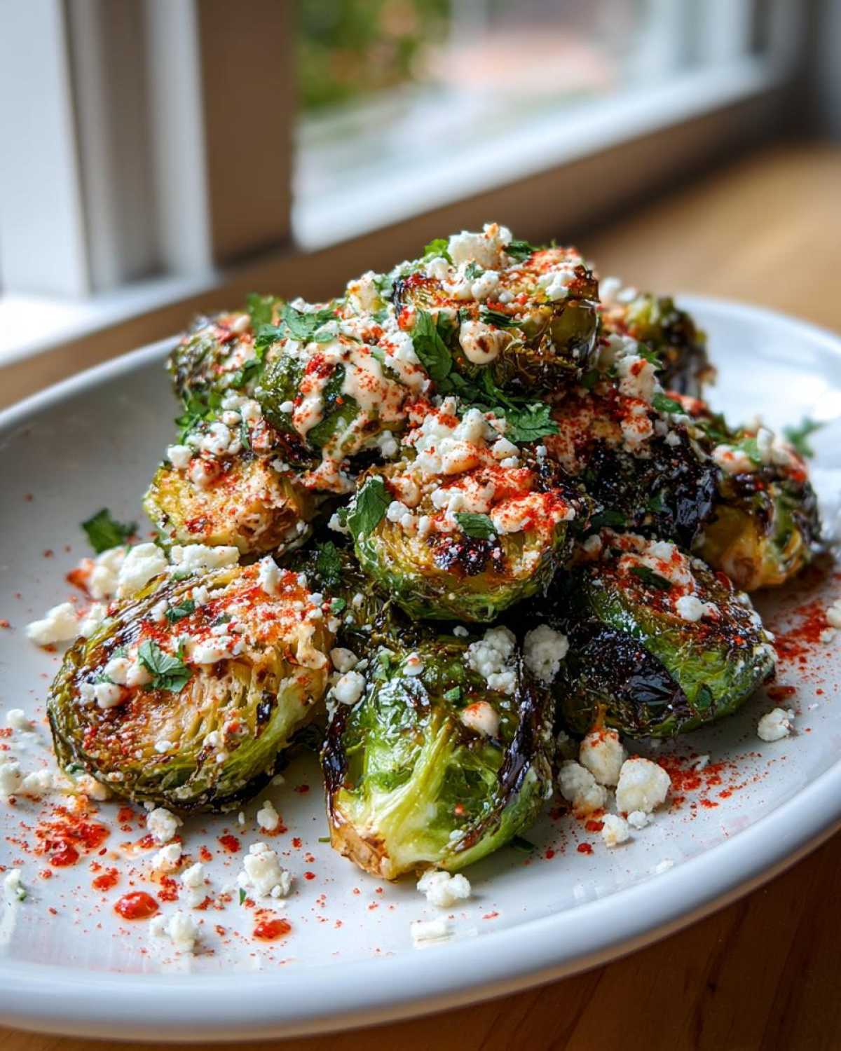 Close-up of roasted Mexican street corn Brussels sprouts topped with cotija cheese, sauce, and chili powder.