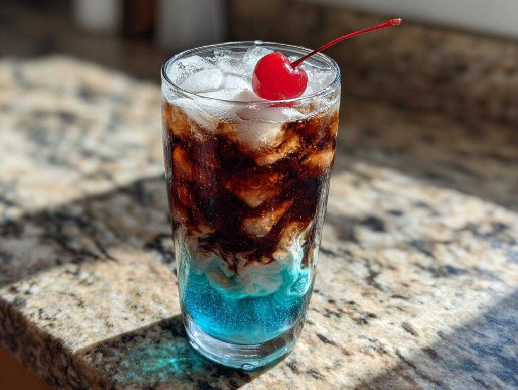 A tall glass featuring a layered midnight malibu dirty soda with bright blue syrup, dark cola mixing, ice, and a maraschino cherry on top.