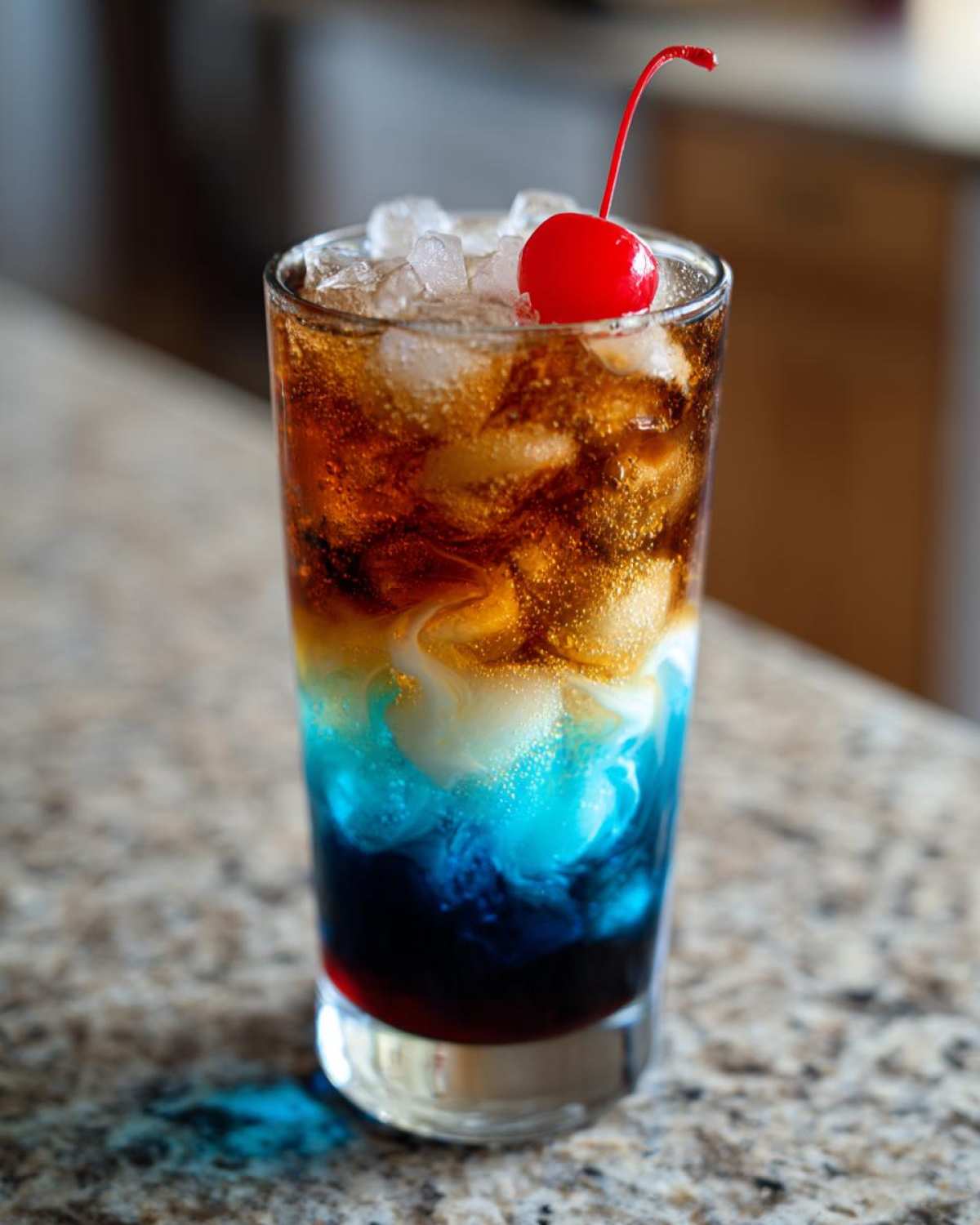 A tall glass filled with a layered midnight malibu dirty soda, featuring blue, white, and brown layers, topped with ice and a maraschino cherry.
