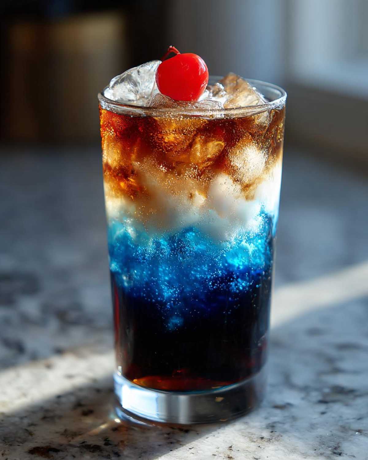 A tall glass showing the vibrant layers of a midnight malibu dirty soda, topped with ice and a maraschino cherry.