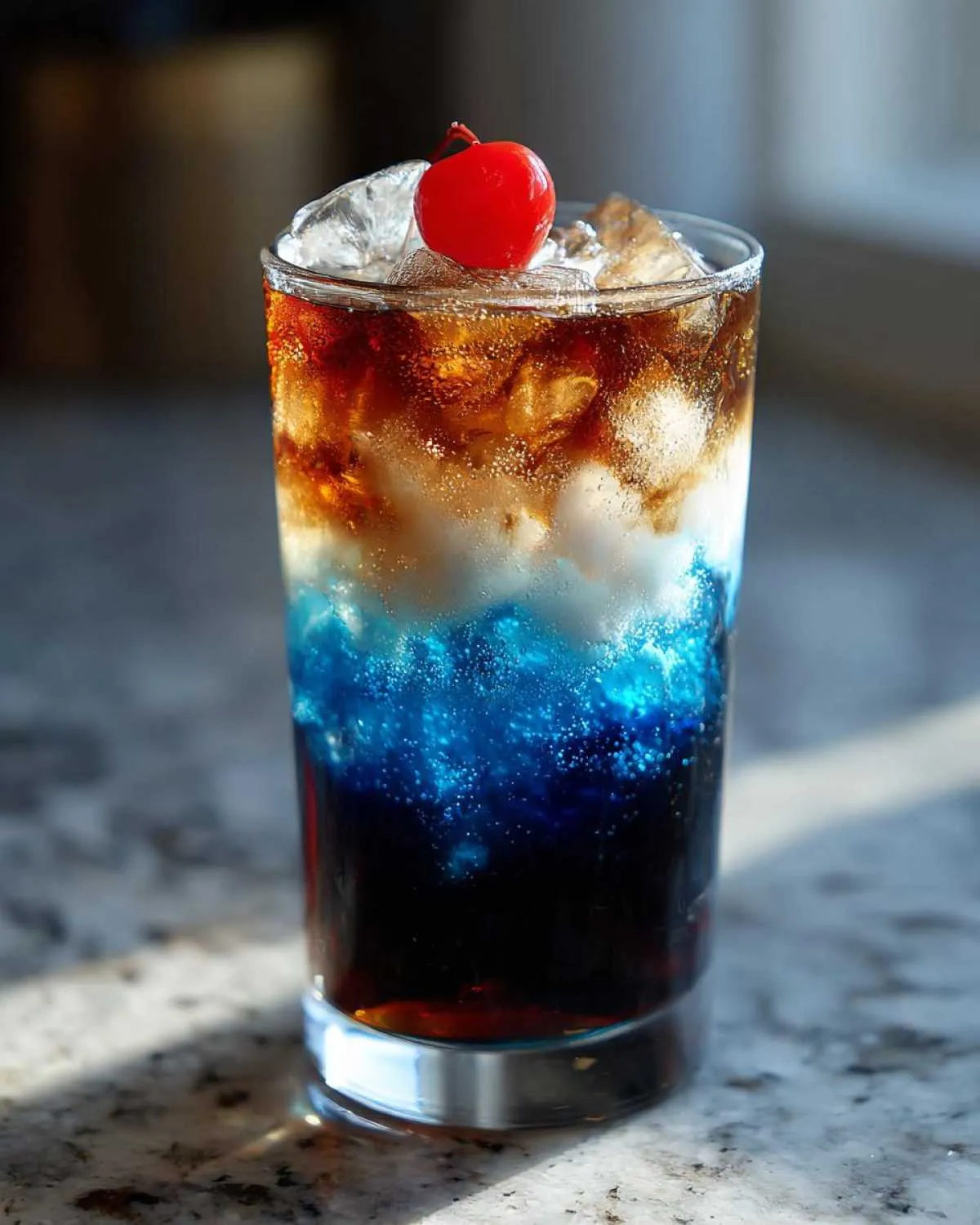 A tall glass showing the vibrant layers of a midnight malibu dirty soda, topped with ice and a maraschino cherry.