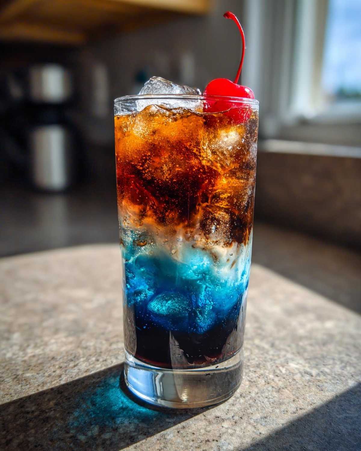 A tall glass showing the layered midnight malibu dirty soda recipe with blue syrup, dark soda, ice, and a maraschino cherry on top.