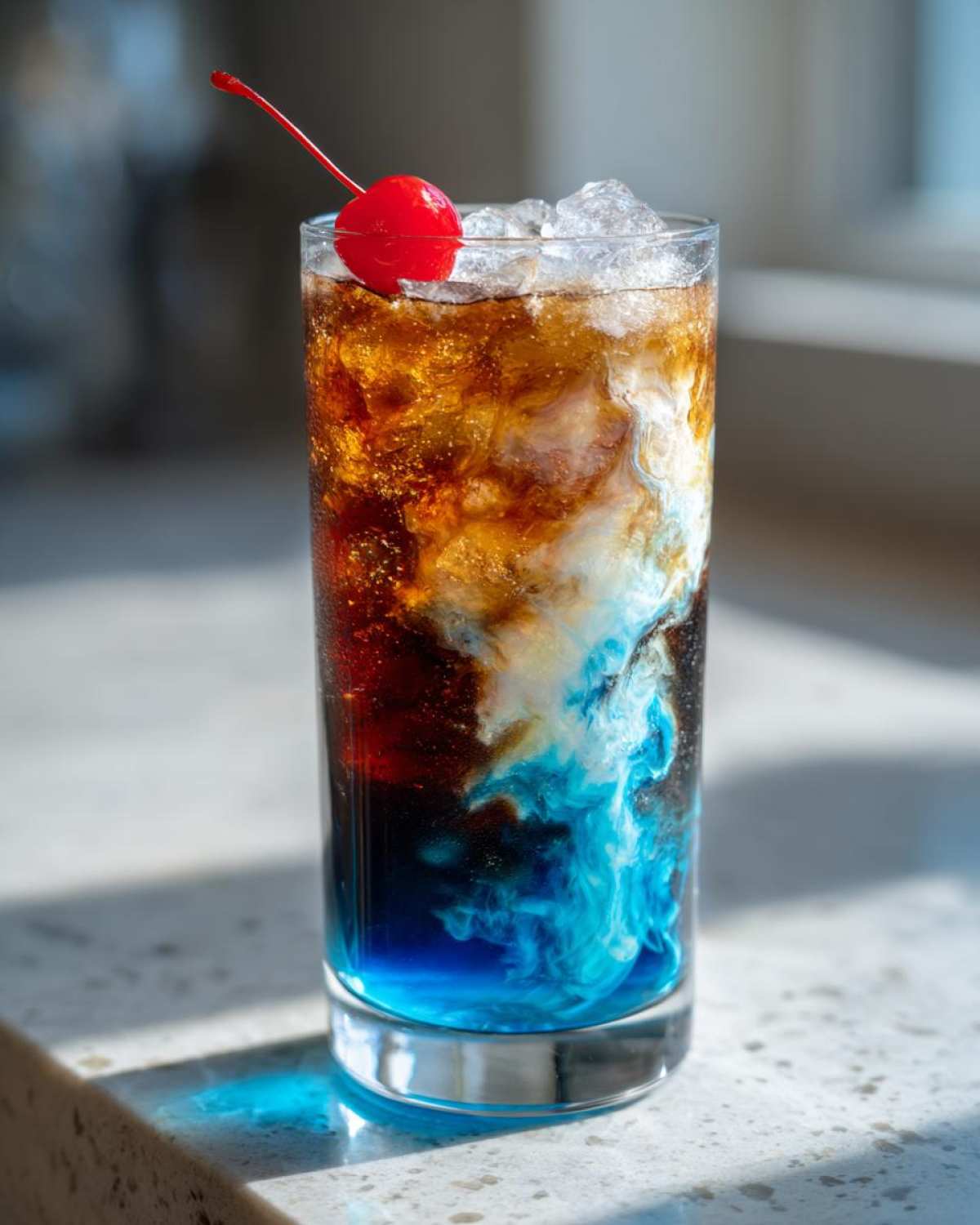 A tall glass containing a layered midnight malibu dirty soda with blue syrup, cream swirls, and a maraschino cherry on top.