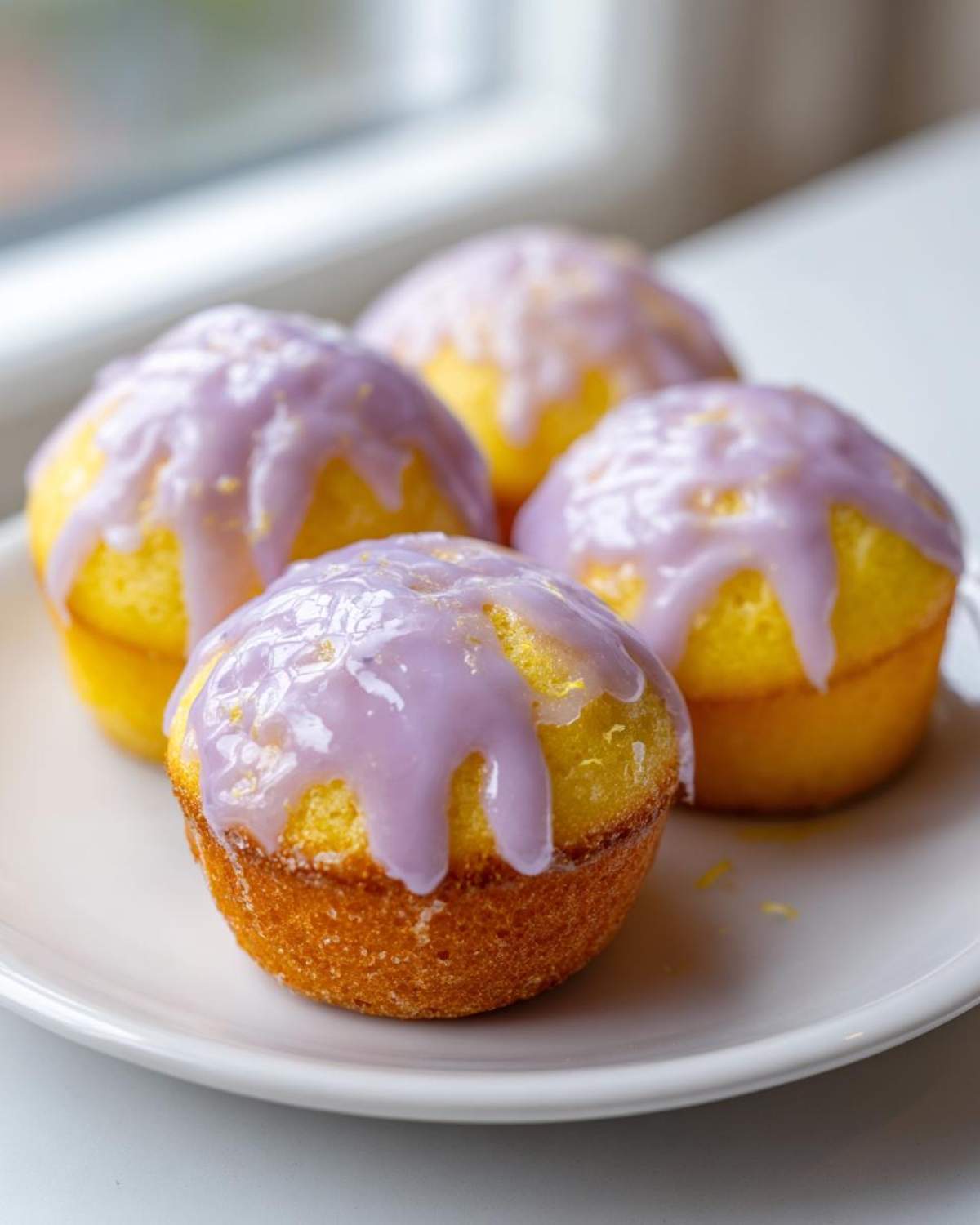 Four bright yellow mini lemon cakes topped with dripping, pale purple lavender glaze on a white plate.