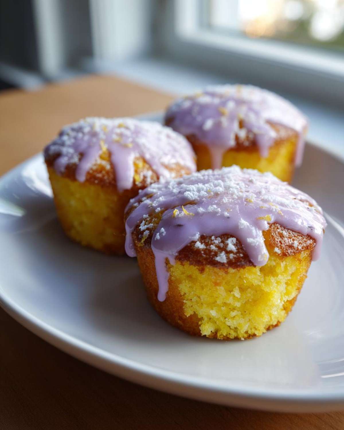 Three bright yellow mini lemon cakes with a dripping purple lavender glaze and powdered sugar.