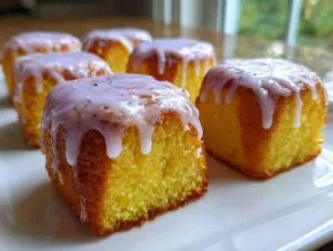 Several bright yellow mini lemon cakes with a dripping lavender glaze, sprinkled with lavender buds.