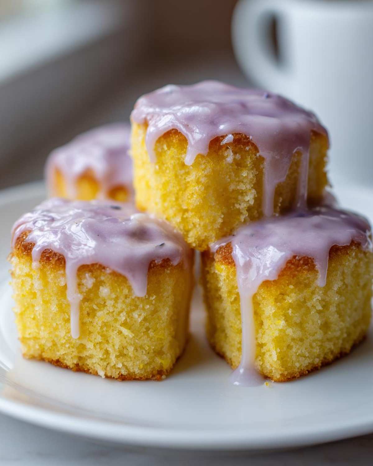 Close-up of three stacked mini lemon cakes with a dripping purple lavender glaze.