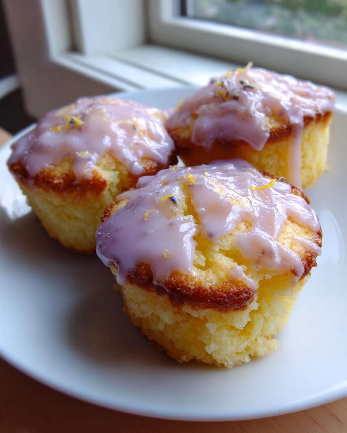 Three golden mini lemon cakes with a pale purple lavender glaze drizzled on top, resting on a white plate.