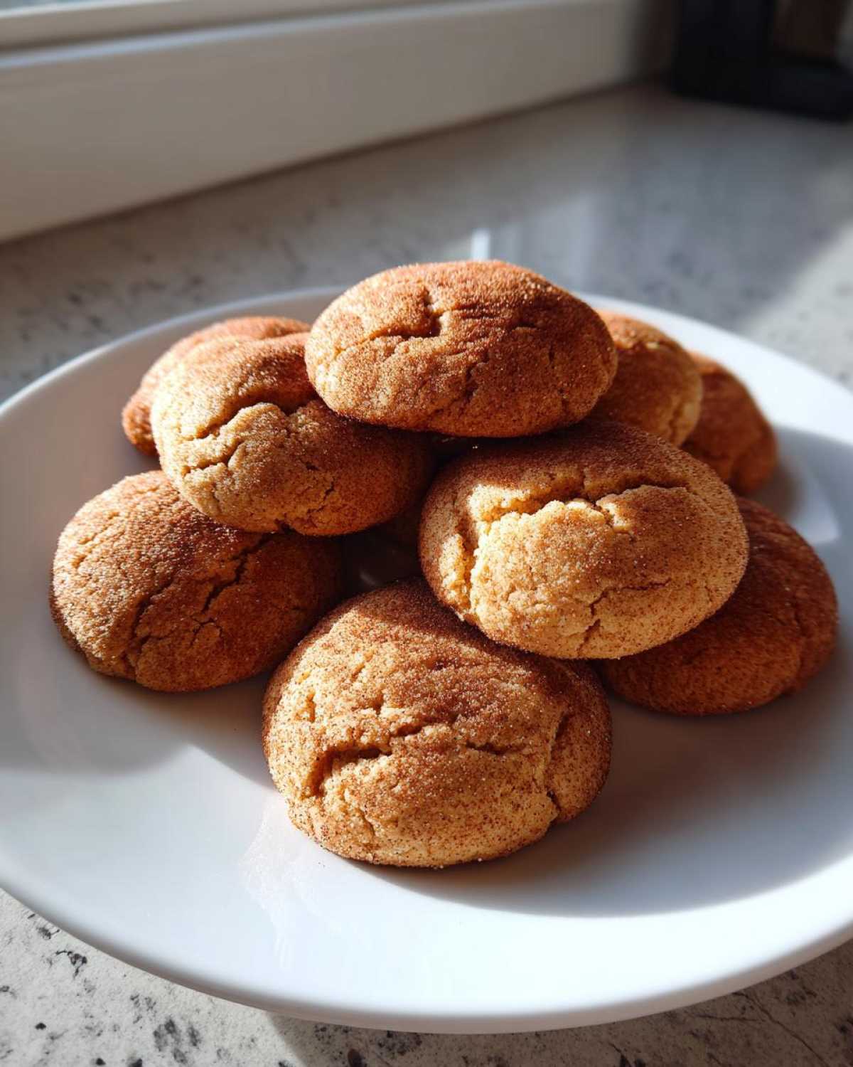 A pile of freshly baked, soft applesauce cookies coated in cinnamon sugar, sitting on a white plate.
