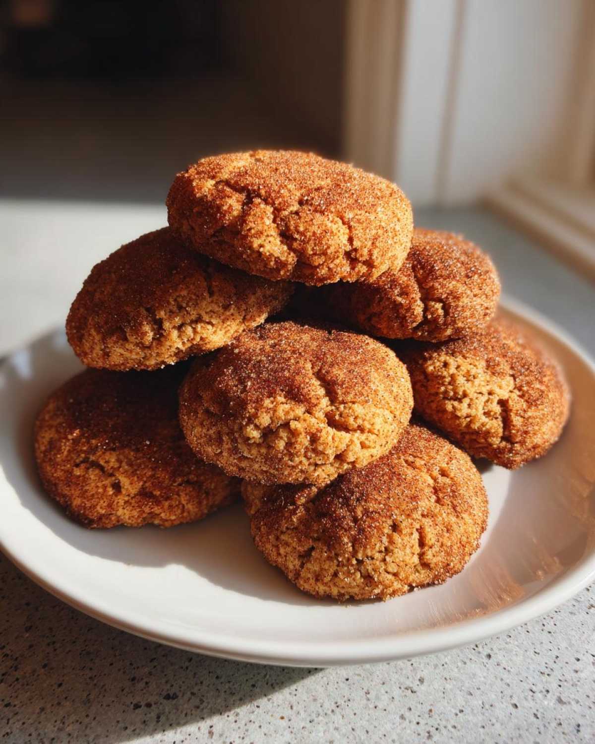 A stack of freshly baked, moist applesauce cookies generously coated in cinnamon sugar, resting on a white plate.